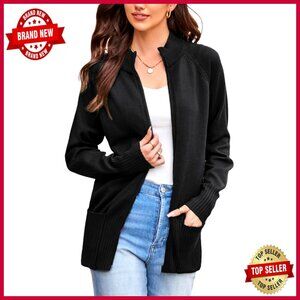 Long Sleeve Zip Up Knit Cardigan with Pockets Stand Collar Chic Fall Sweater